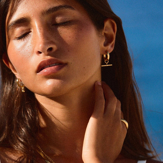 Gold Tone Hoop Earrings with T-Bar Charms