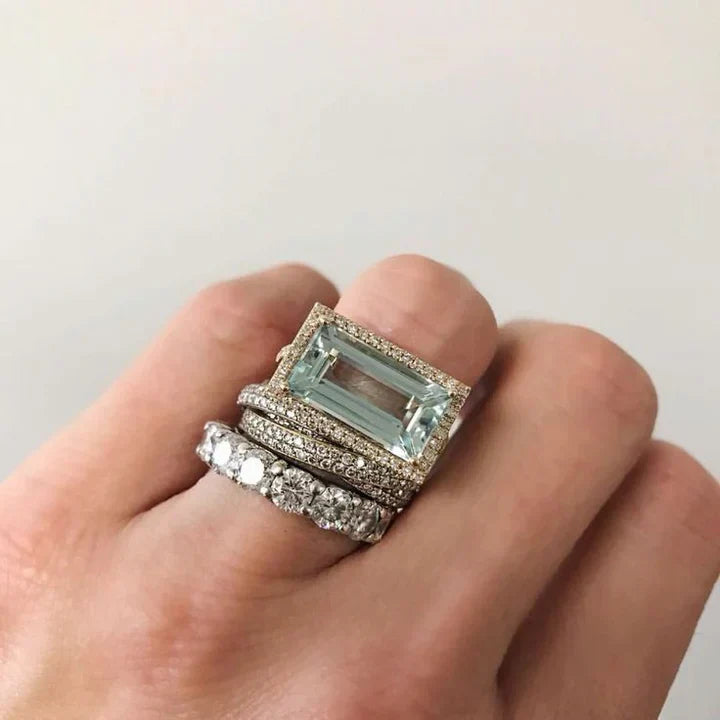 Vintage Style Aquamarine Blue Emerald Cut Ring Set