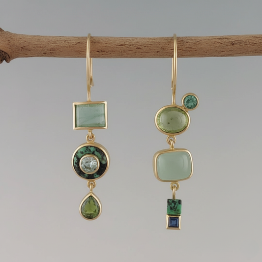 Vintage Style Asymmetrical Multi-Stone Green Drop Earrings