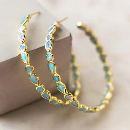 Vintage Style Blue Opal Style Teardrop Hoop Earrings