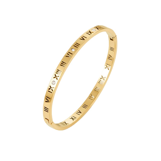 Engraved Roman Numeral Gold Tone Bangle
