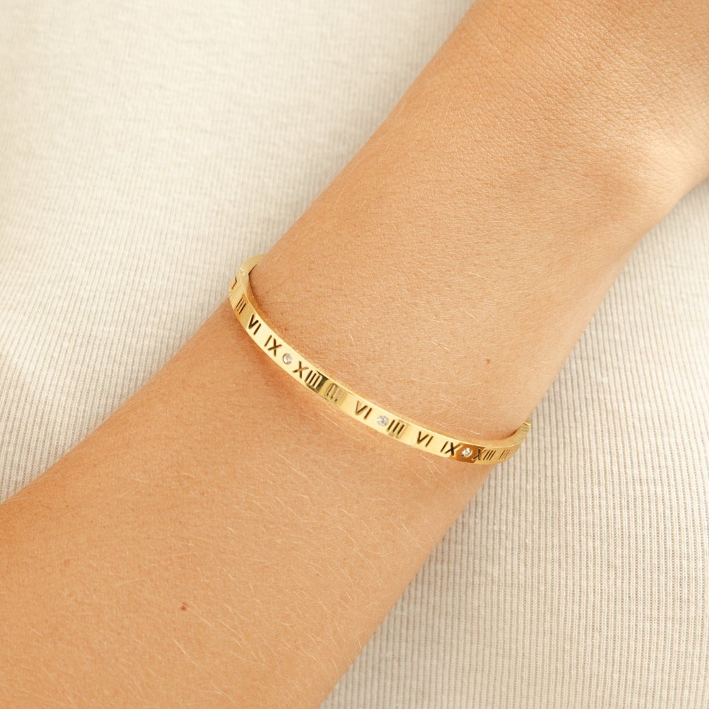 Engraved Roman Numeral Gold Tone Bangle