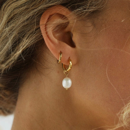 Essential Gold Tone Huggie Hoop Earrings with Pearl Charms