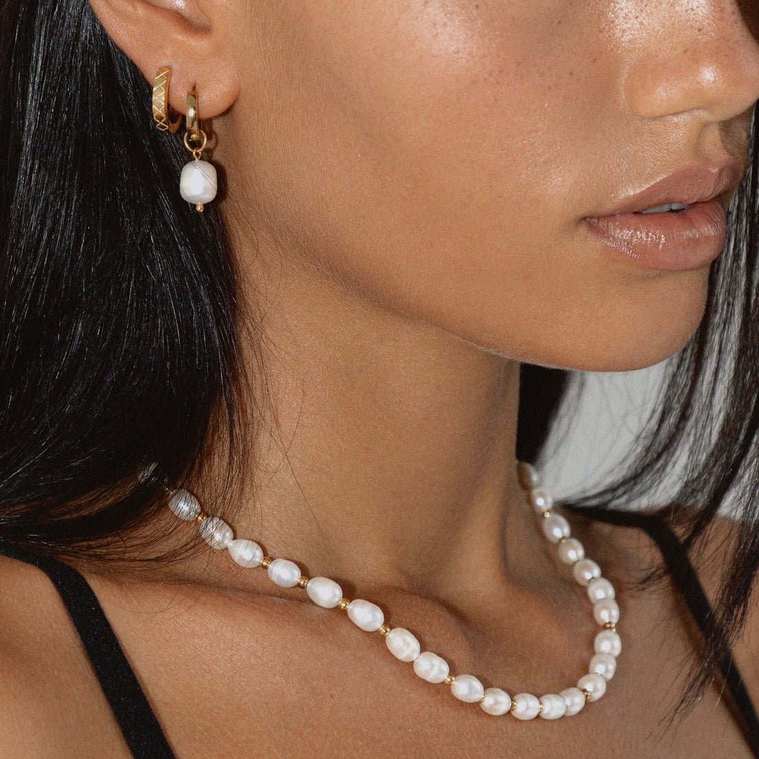 Essential Gold Tone Huggie Hoop Earrings with Pearl Charms