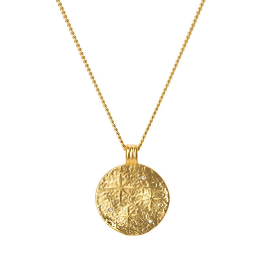 Gold-Tone Hammered Starburst CZ Coin Pendant