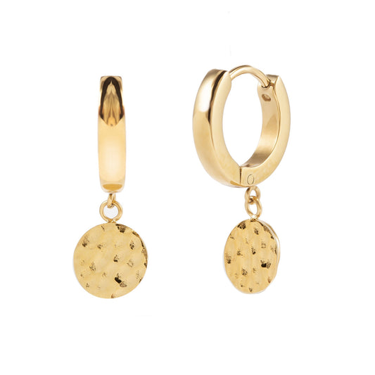 Gold Tone Huggie Hoop Earrings with Hammered Coin Charms