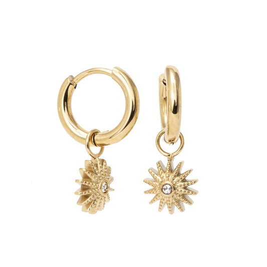 Gold Tone Huggie Hoop Earrings with Sunburst CZ Charms