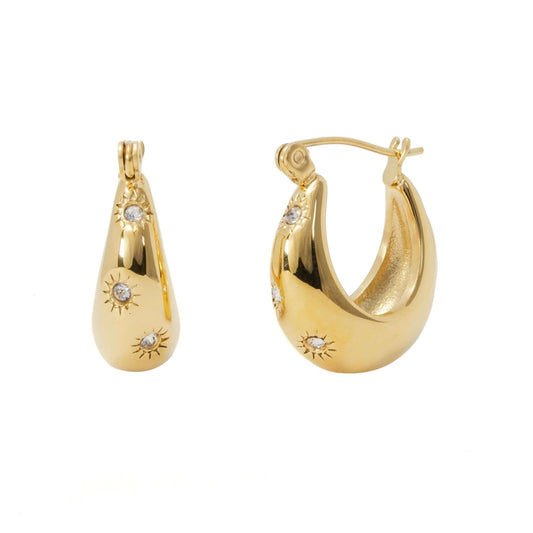 Gold Tone Starburst CZ Dome Hoop Earrings