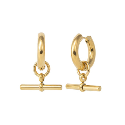 Gold Tone T-Bar Huggie Hoop Earrings