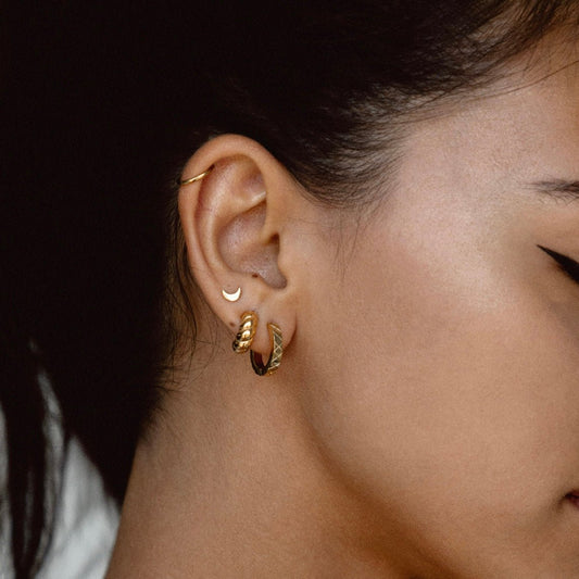 Gold Tone Twisted Croissant C-Hoop Stud Earrings