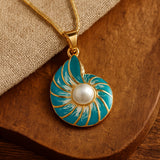 Nautilus  Blue Enamel & Pearl Shell Necklace