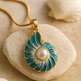 Nautilus  Blue Enamel & Pearl Shell Necklace