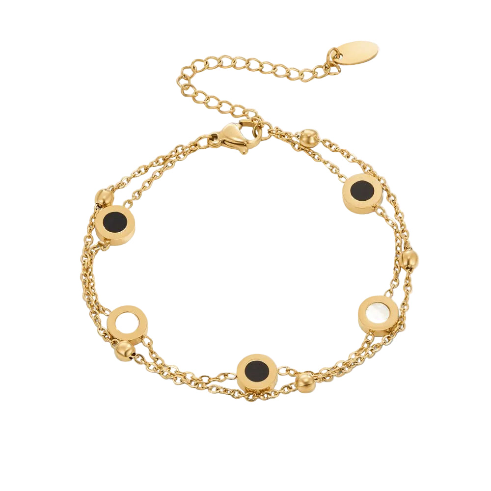 Onyx & Pearl Double Strand Gold Tone Charm Bracelet