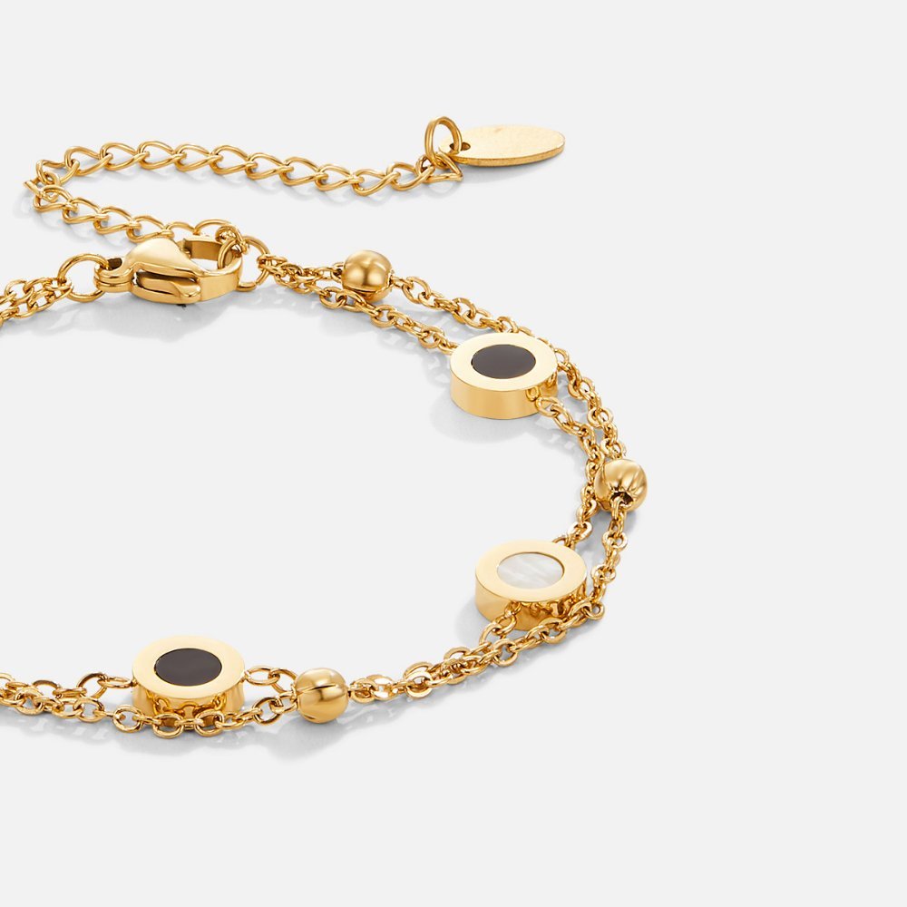 Onyx & Pearl Double Strand Gold Tone Charm Bracelet