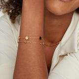 Onyx & Pearl Double Strand Gold Tone Charm Bracelet