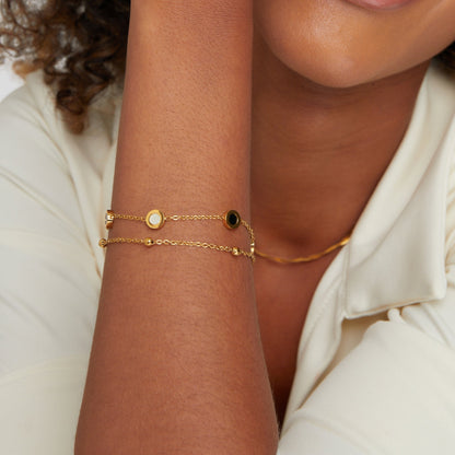 Onyx & Pearl Double Strand Gold Tone Charm Bracelet