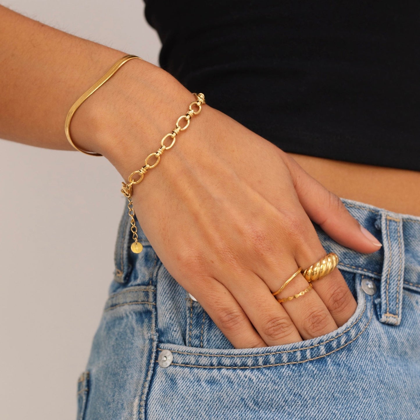 Polished Gold Tone Flat Snake Chain Bracelet