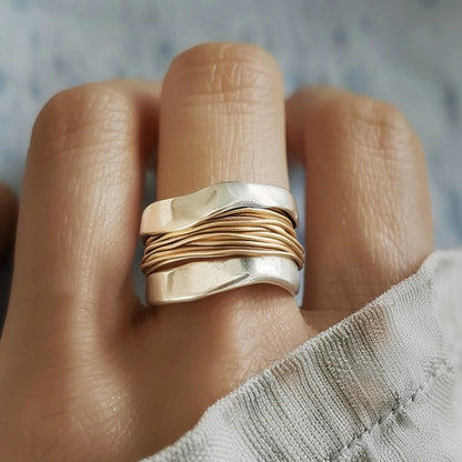 Silver & Gold-Tone Wide Band Ring
