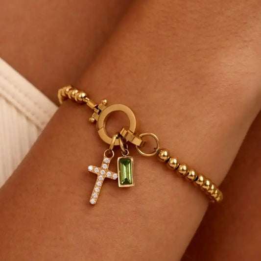 Vintage Faith Cross & Colorful Baguette Charm Bracelet