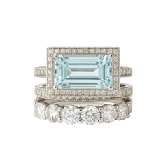 Vintage Style Aquamarine Blue Emerald Cut Ring Set