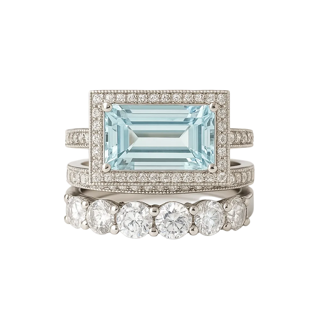 Vintage Style Aquamarine Blue Emerald Cut Ring Set