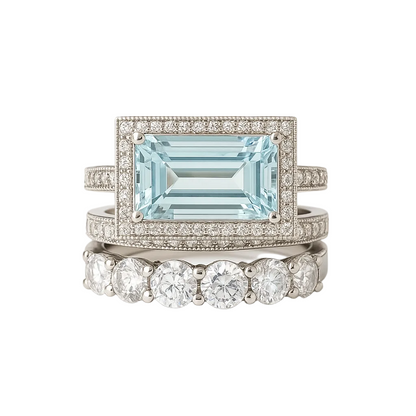 Vintage Style Aquamarine Blue Emerald Cut Ring Set