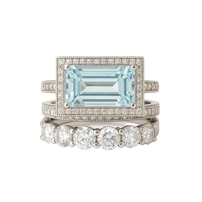Vintage Style Aquamarine Blue Emerald Cut Ring Set
