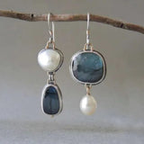 Vintage Style Asymmetrical Blue Stone & Pearl Drop Earrings