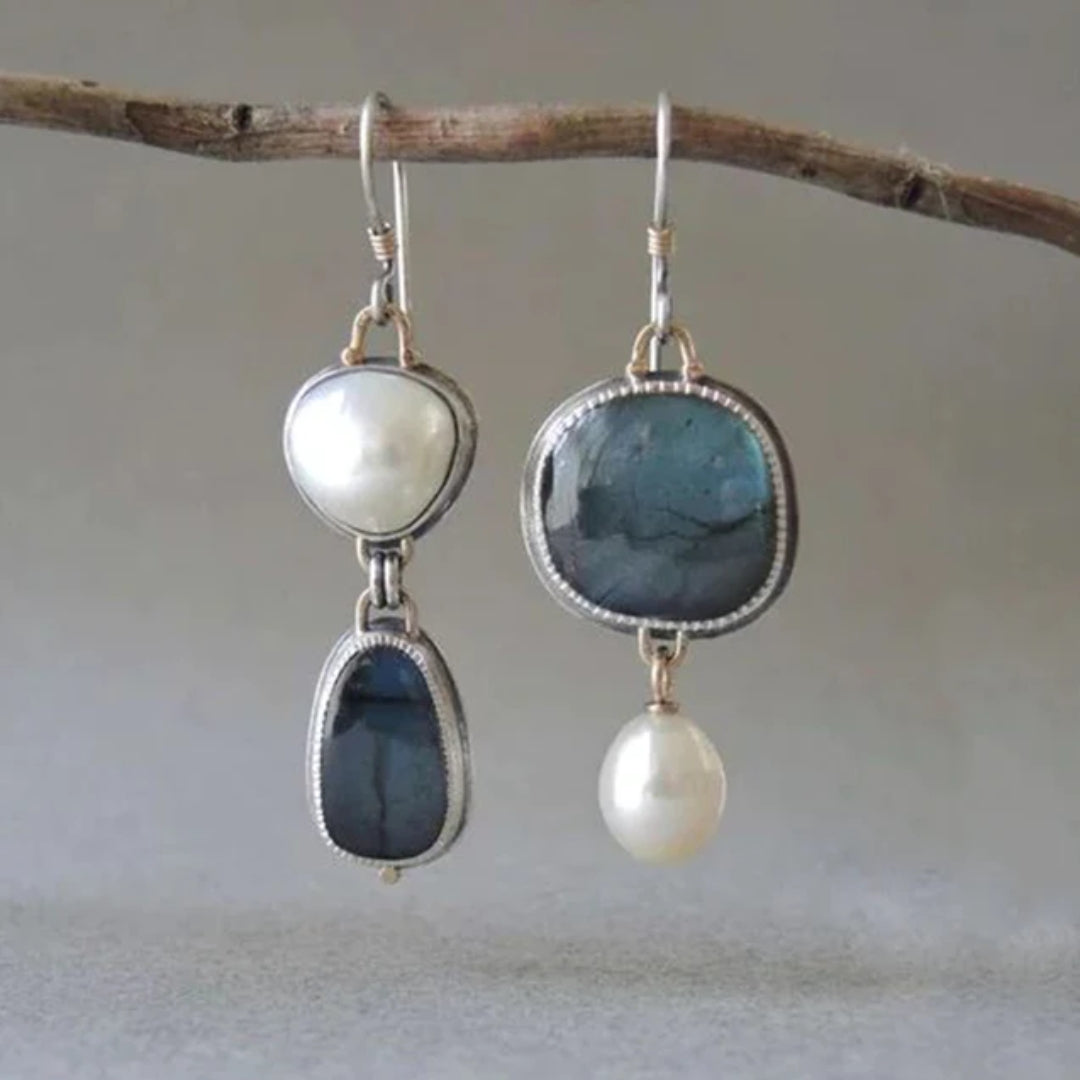Vintage Style Asymmetrical Blue Stone & Pearl Drop Earrings