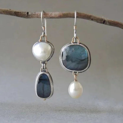 Vintage Style Asymmetrical Blue Stone & Pearl Drop Earrings