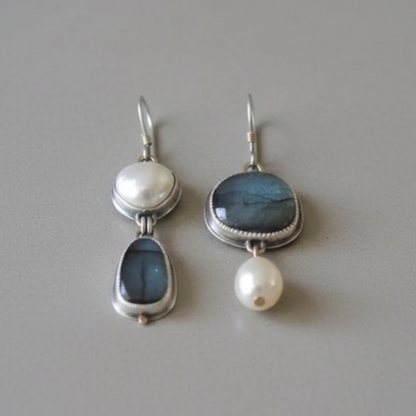 Vintage Style Asymmetrical Blue Stone & Pearl Drop Earrings