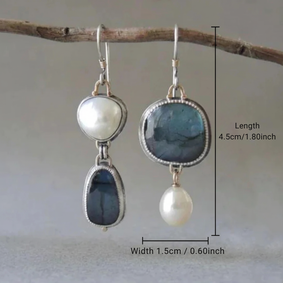 Vintage Style Asymmetrical Blue Stone & Pearl Drop Earrings