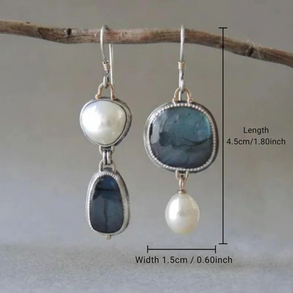 Vintage Style Asymmetrical Blue Stone & Pearl Drop Earrings