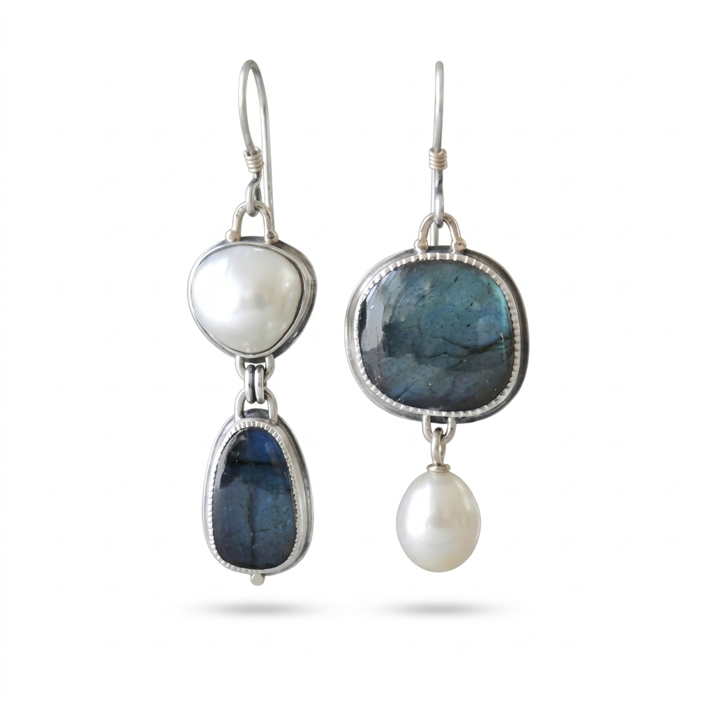 Vintage Style Asymmetrical Blue Stone & Pearl Drop Earrings