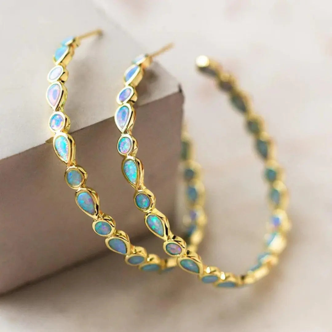 Vintage Style Blue Opal Style Teardrop Hoop Earrings