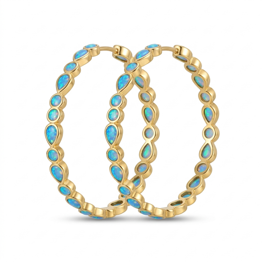 Vintage Style Blue Opal Style Teardrop Hoop Earrings