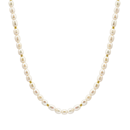 White Rice Pearl & Gold-Tone Bead Necklace